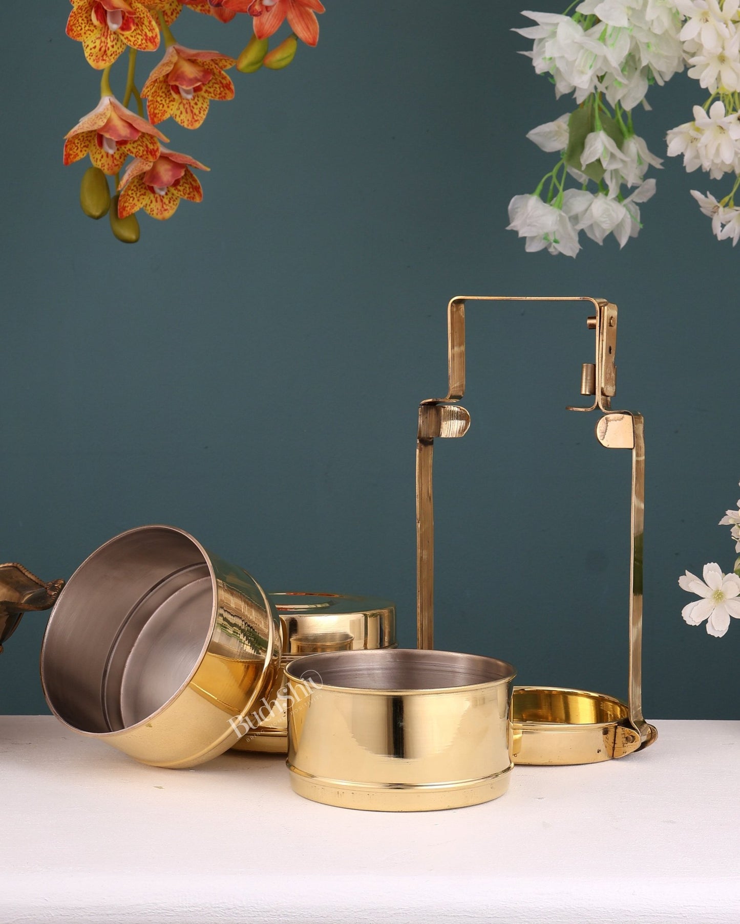 Brass Tiffin Box Traditional Indian Style – 3 Tier Lunch Carrier with Stand Lock (11 Inches) - Budhshiv.com