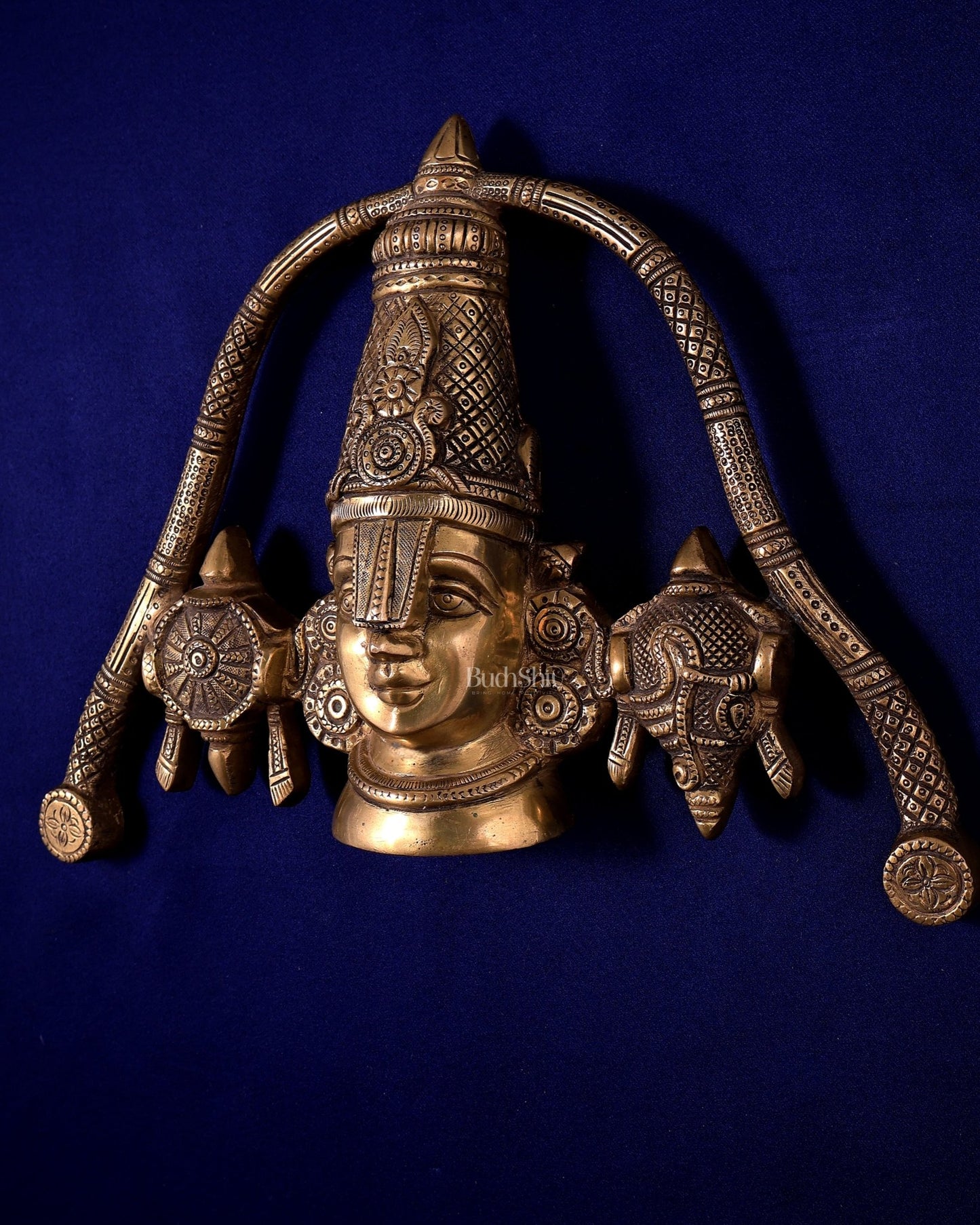 Brass Tirupati Balaji Face Wall Hanging Golden Shankh and Chakra - Budhshiv.com