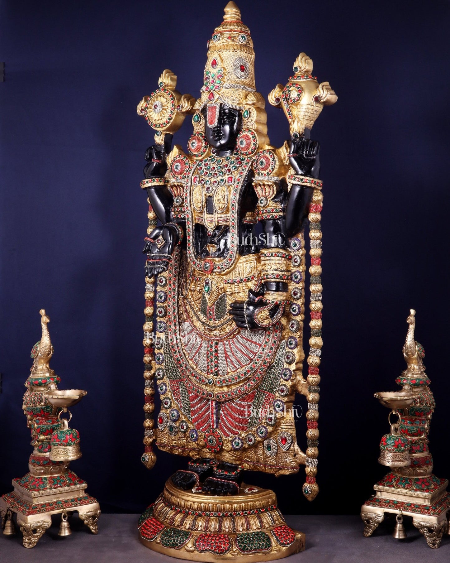 Brass Tirupati Balaji Idol 48 inch with jewellers meenakari Stonework - Budhshiv.com