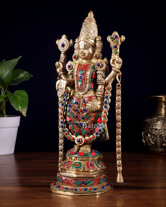 Brass Tirupati Balaji Statue 11 inch with meenakari Stonework - Budhshiv.com