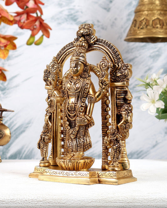 Brass Tirupati Balaji with Bhudevi Sridevi Idol with Prabhavali – Divine Temple Statue (9 Inches) - Budhshiv.com