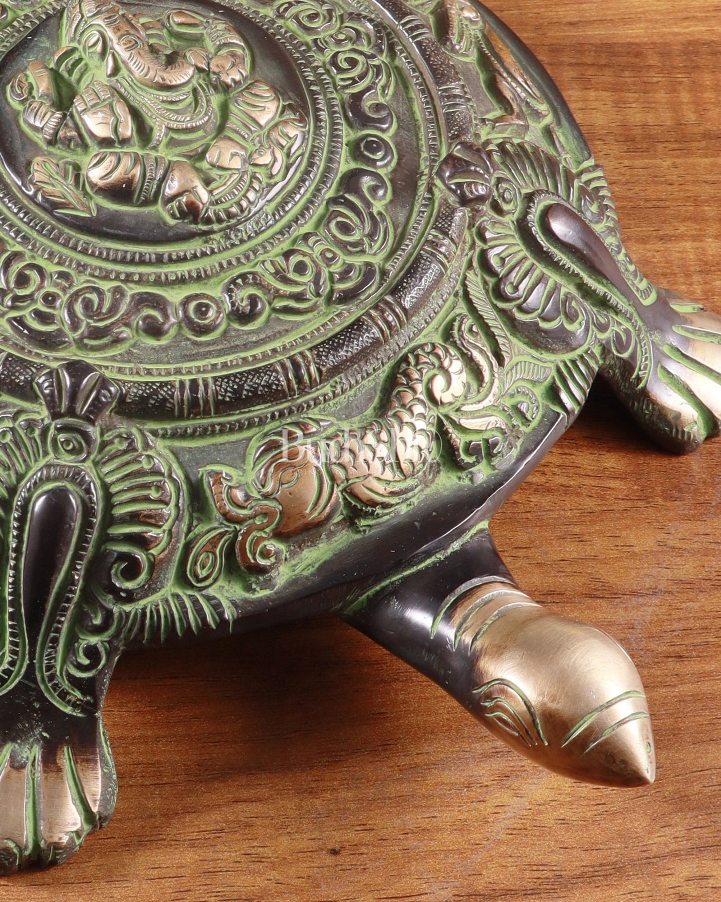 Brass Tortoise with Ganesha engraved black green tone - Budhshiv.com