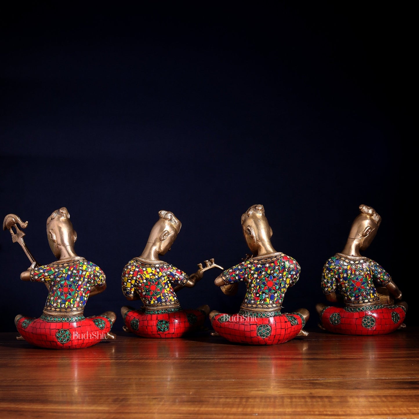 Brass Tribal Musicians Set with abstract Stonework | Height: 9 inch - Budhshiv.com
