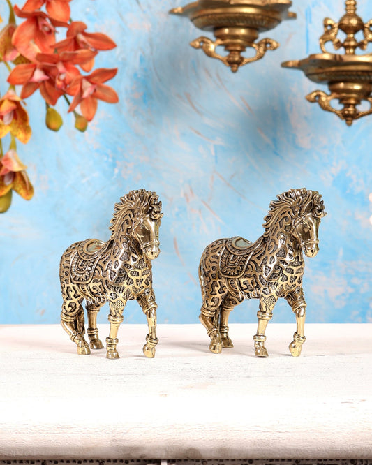 Brass Trotting Horse Showpiece | Mosaic Design Vastu Decorative Statue 5" pair - Budhshiv.com