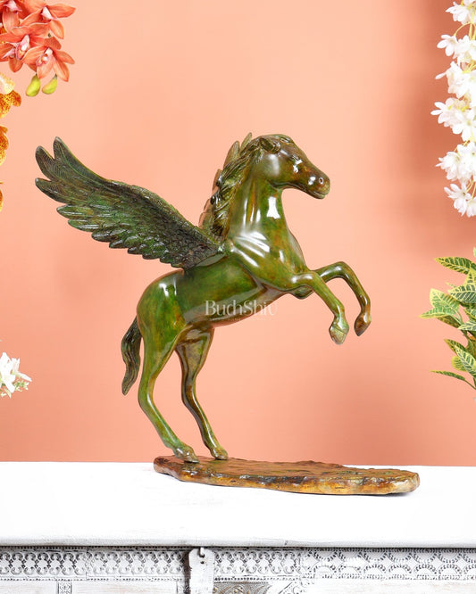 Brass Uchchaihshravas Horse Statue – Candy Green Tone Celestial Pegasus Inspired Sculpture (16.5 Inches) - Budhshiv.com