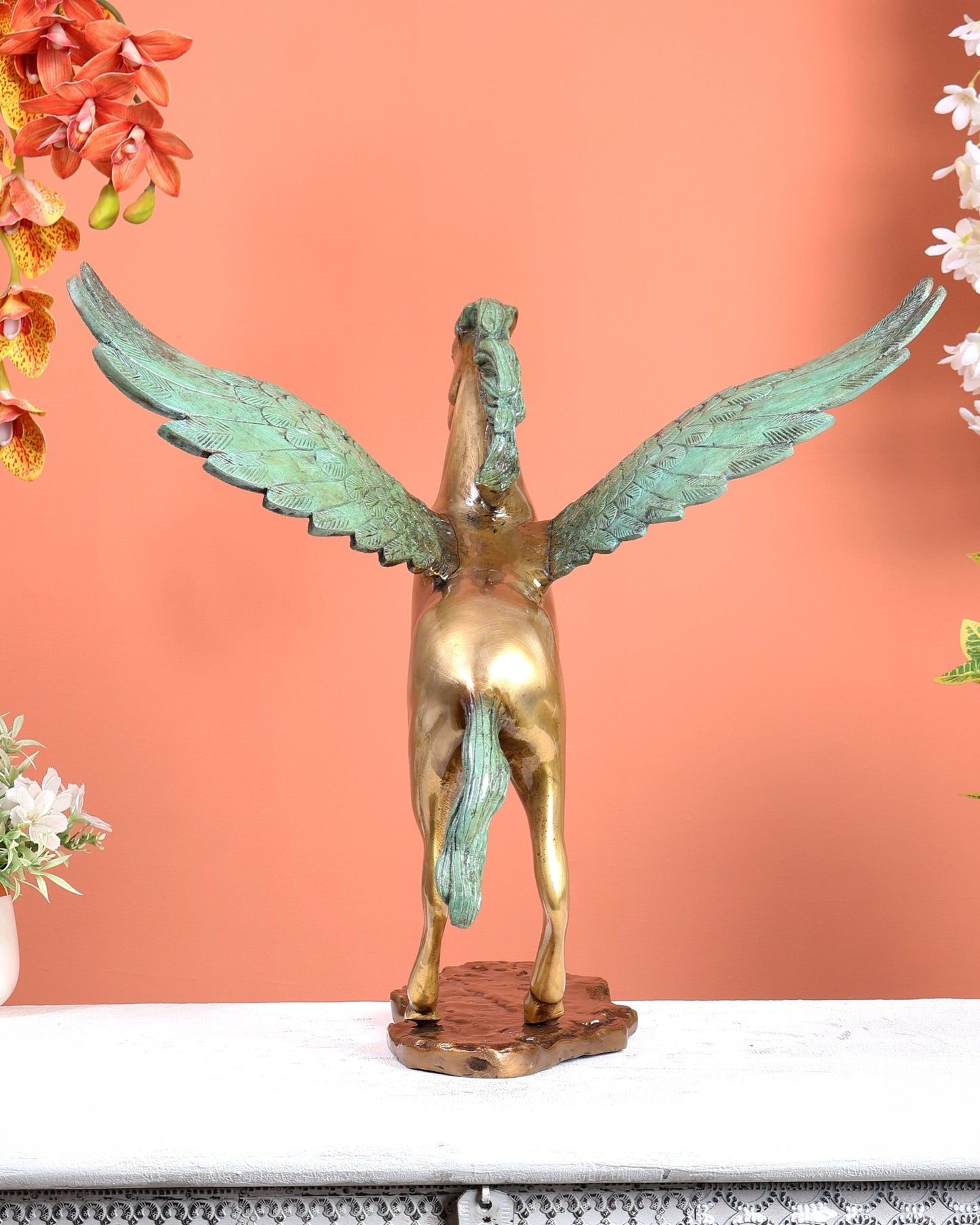 Brass Uchchaihshravas Horse Statue – Dual Tone Green Patina & Matte Gold Finish (16.5 Inches) - Budhshiv.com