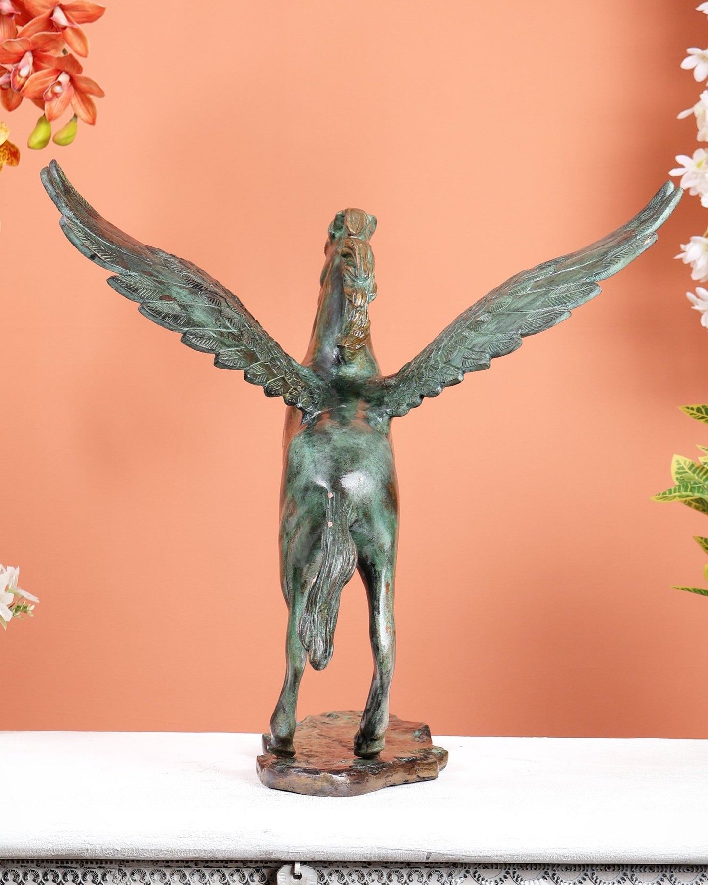 Brass Uchchaihshravas Horse Statue – Mottled Deep Celestial Green 16.5" - Budhshiv.com