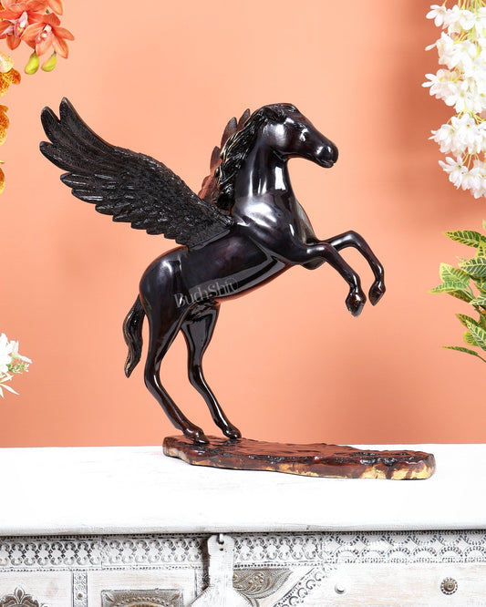 Brass Uchchaihshravas Horse Statue – Piano Black Finish Celestial Pegasus Inspired Sculpture (16.5 Inches) - Budhshiv.com