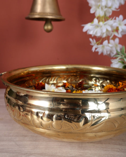 Brass Urli Bowl – Glossy Finish Lightweight Decorative Urli (12 Inches Width) - Budhshiv.com