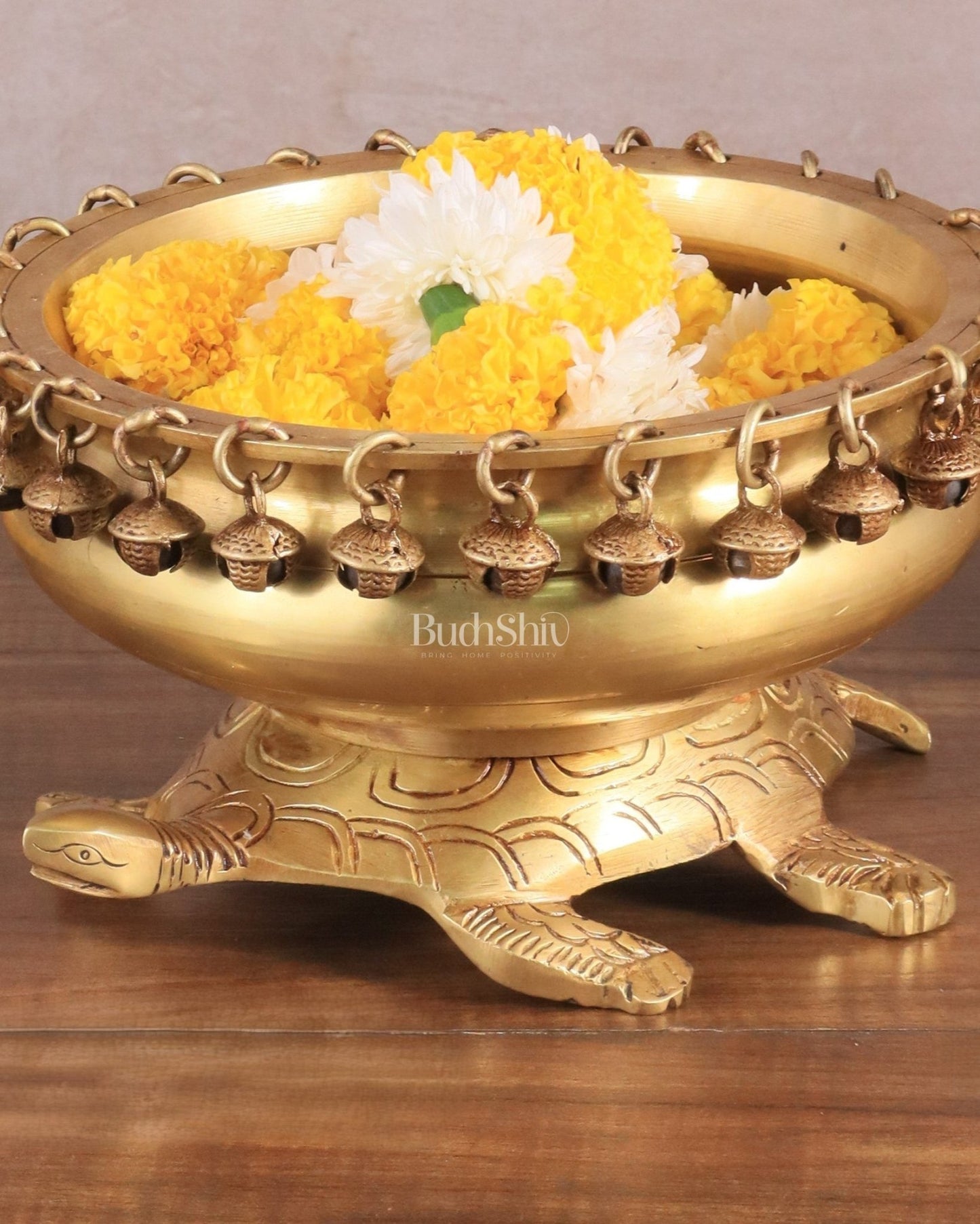 Brass Urli Bowl with Tortoise Base - 8"x10"x5", Matte golden - Budhshiv.com