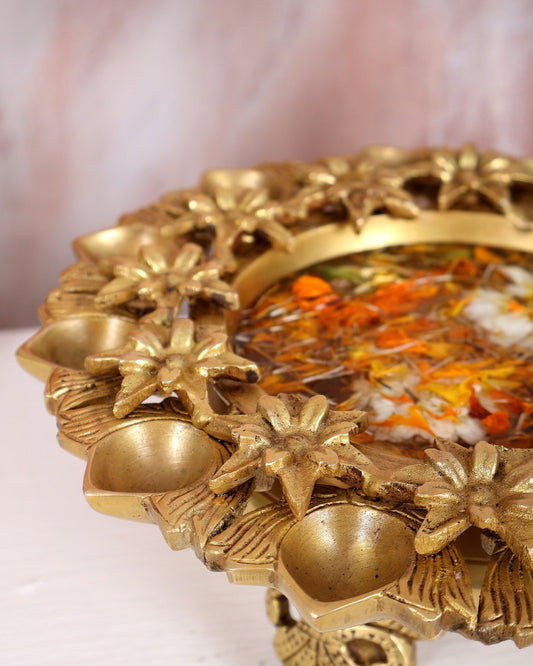 Brass Urli with Diyas – Floral Design Decorative Bowl for Floating Candles (9 Inches) - Budhshiv.com