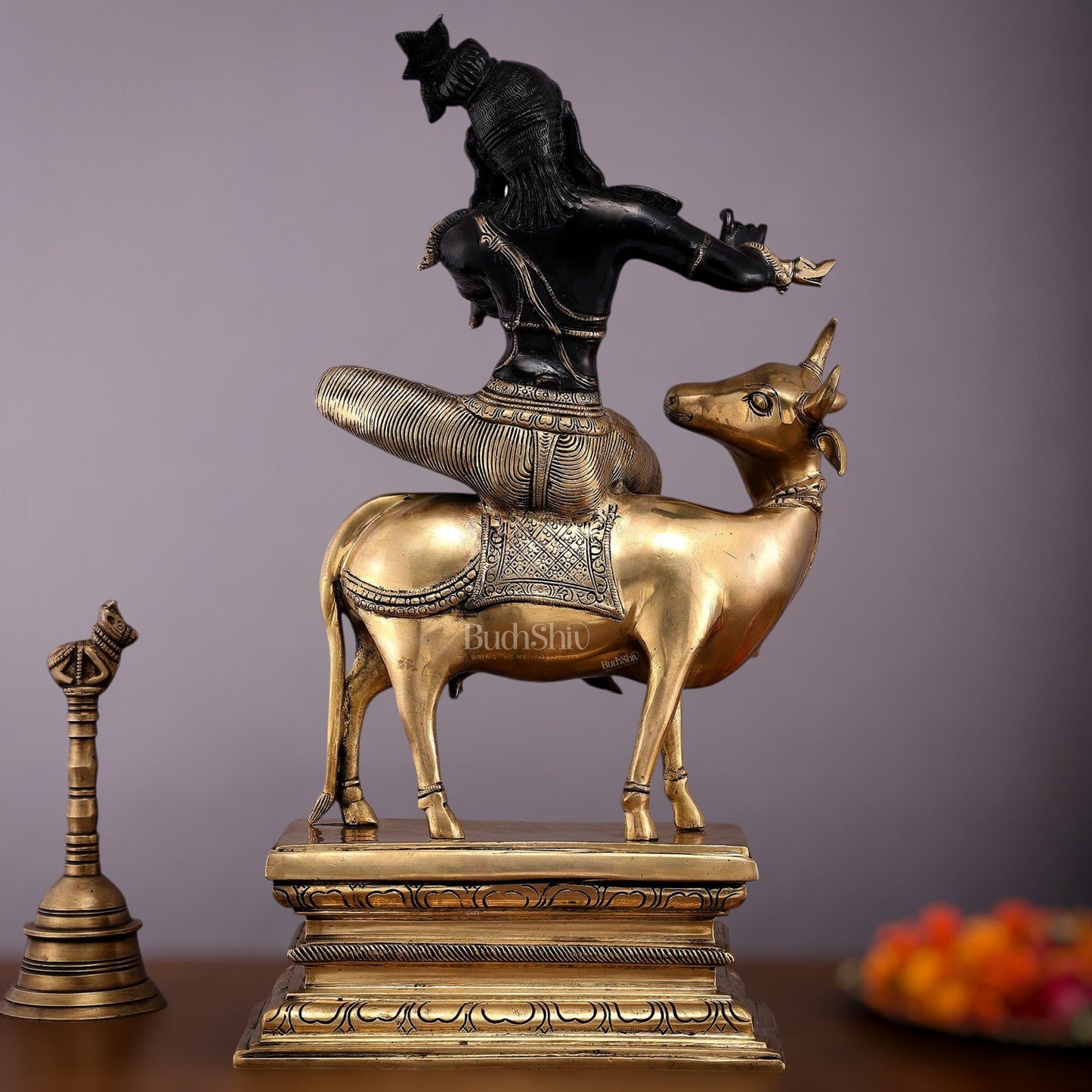 Brass Venugopal Krishna on Cow Statue - 21" Height with Black Gold Finish - Budhshiv.com