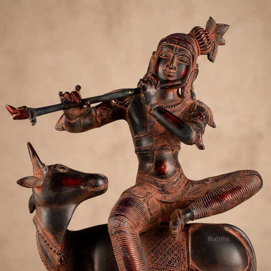Brass Venugopal Krishna Seated on Cow Statue | 21x12.5x7.5 Inch - Budhshiv.com