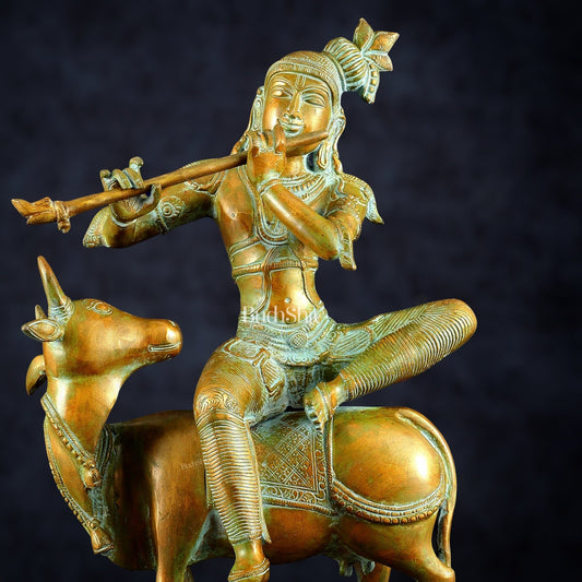 Brass Venugopal Krishna Seated on Cow Statue Vintage bronze tone | 21" - Budhshiv.com