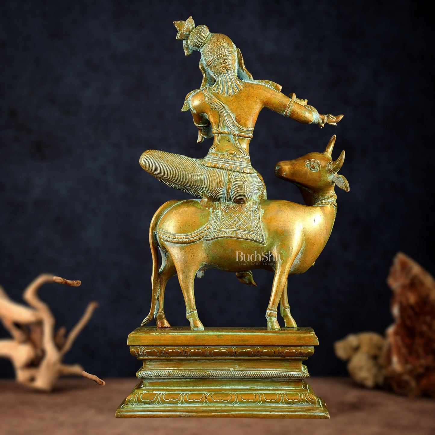 Brass Venugopal Krishna Seated on Cow Statue Vintage bronze tone | 21" - Budhshiv.com