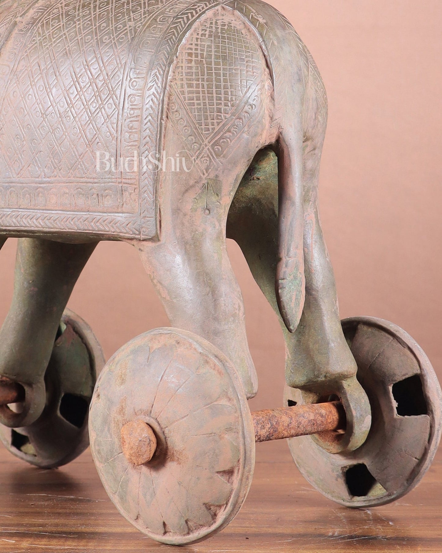 Brass Vintage Elephant Statue on Wheels – 10" x 13.5" x 6" | Antique Sand - Finish Showpiece - Budhshiv.com