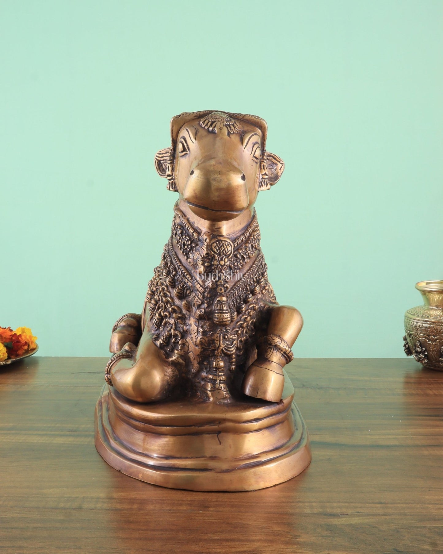 Brass Vintage Nandi on Base Statue 17" - Budhshiv.com