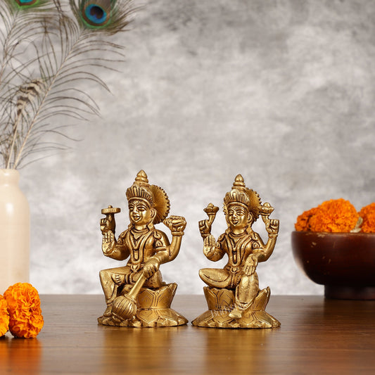 Brass Vishnu Lakshmi Seated on Lotus Base Idol - 5.5" - Budhshiv.com