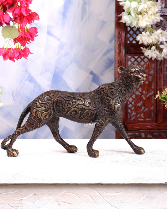 Brass Walking Leopard Showpiece 14 inch wide - Budhshiv.com