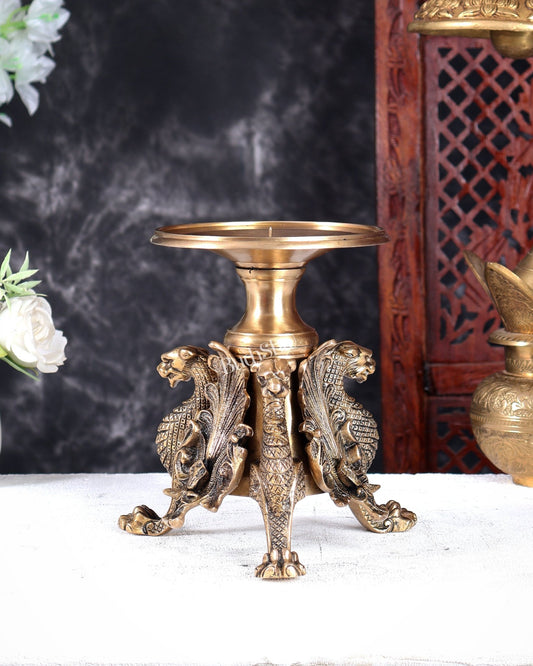 Brass Yali Candle Stand – Unique Mythical Creature Design Decorative Holder 7 inch - Budhshiv.com