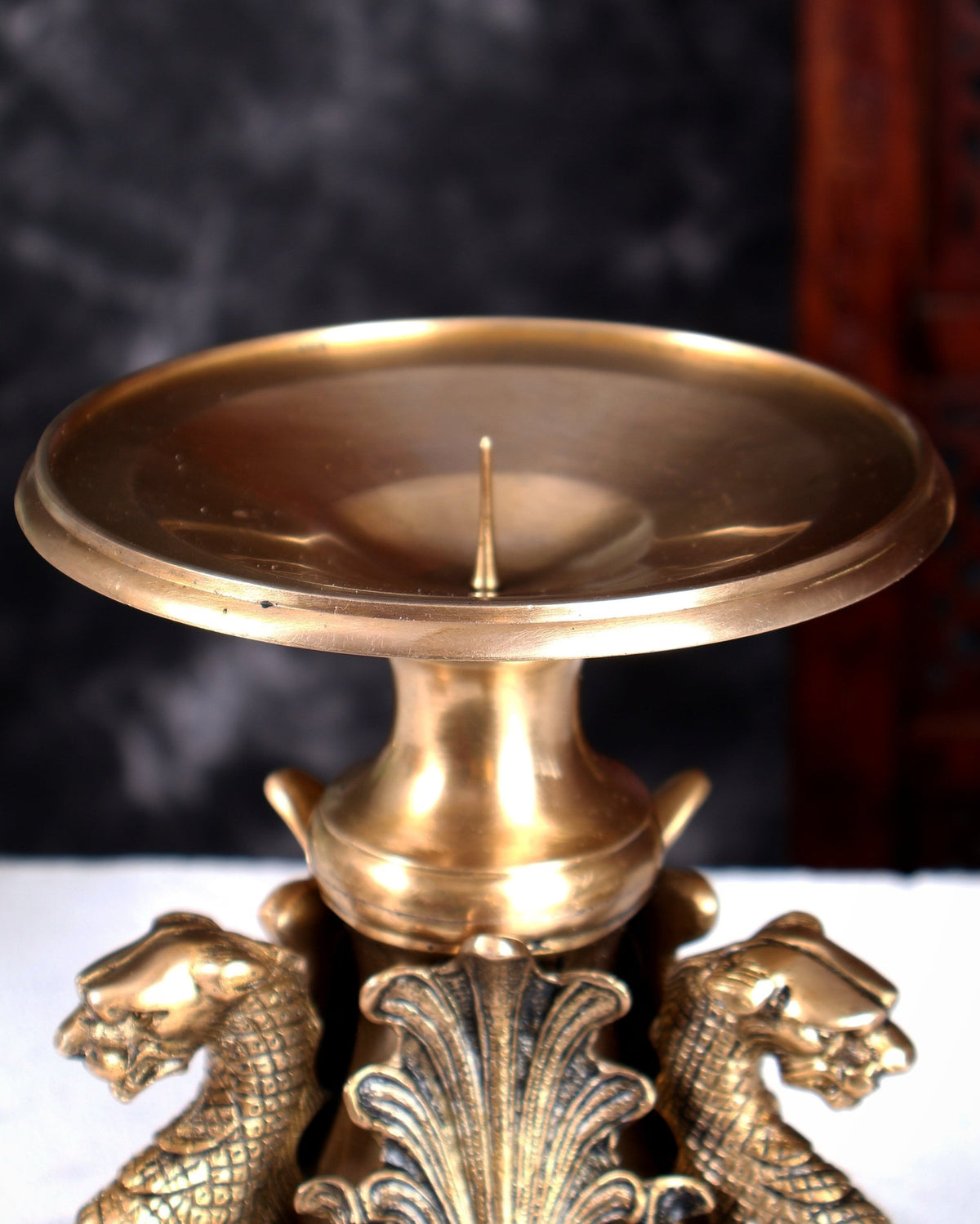 Brass Yali Candle Stand – Unique Mythical Creature Design Decorative Holder 7 inch - Budhshiv.com