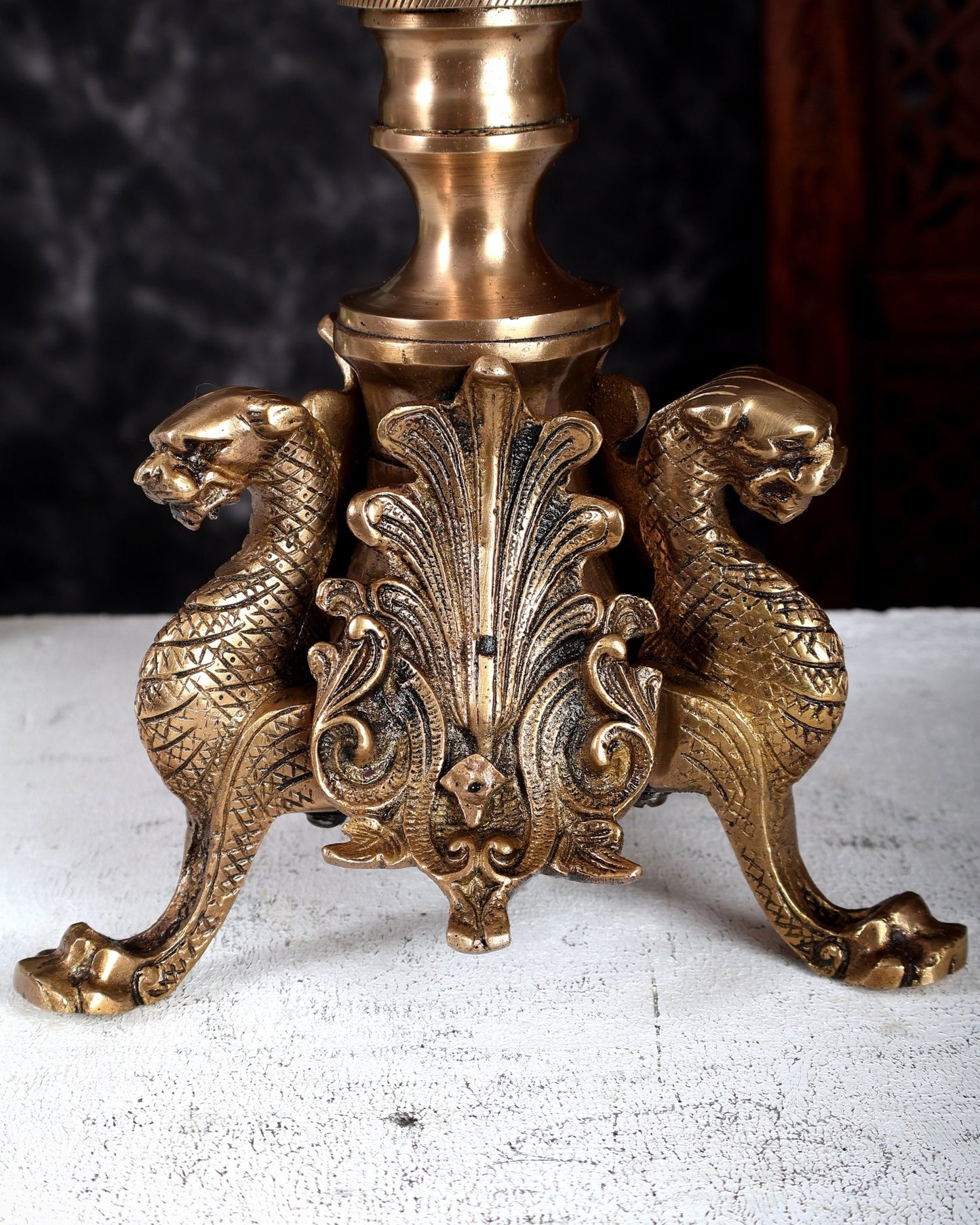 Brass Yali Candle Stand – Unique Mythical Guardian Design Decorative Holder (13 Inches) - Budhshiv.com