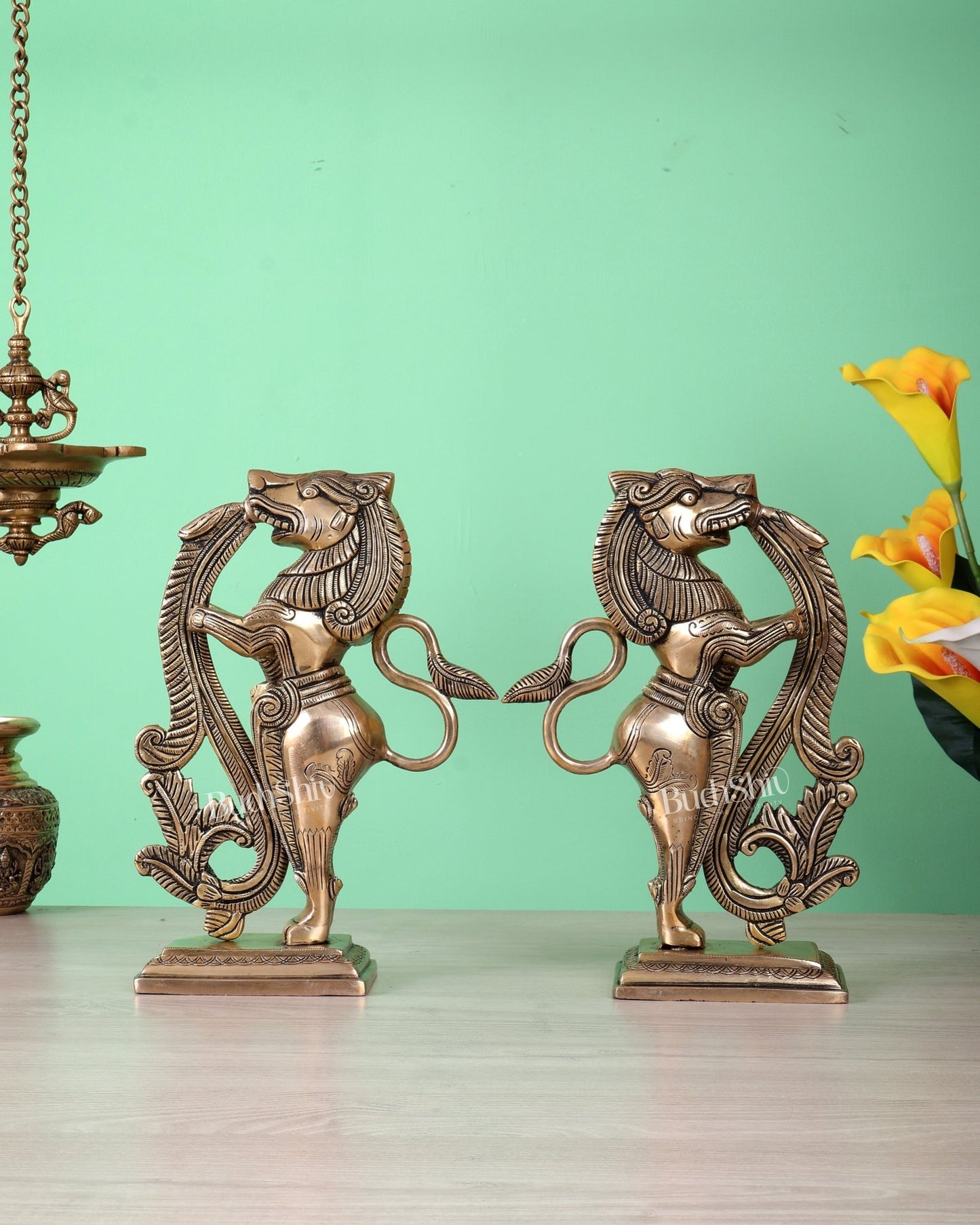 Brass Yali Temple Lion Guardian Statue Pair – Auspicious Vastu Protective Artefact 11" - Budhshiv.com