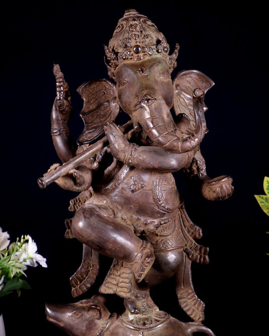 Bronze Dancing Ganesha Playing Flute Statue | Lost Wax Casting | 16.5" - Budhshiv.com
