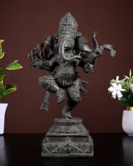 Bronze Dancing Ganesha Statue – Three - Faced (Trimukhi) Indonesian Depiction 12.5 inch - Budhshiv.com