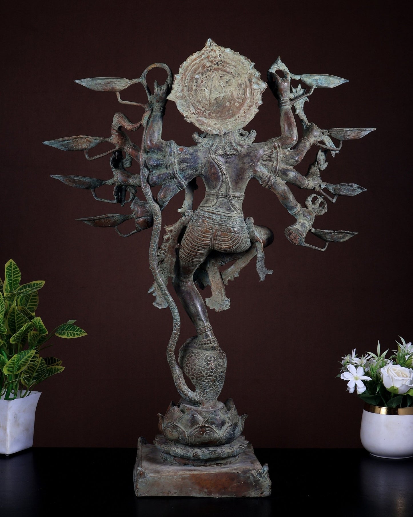 Bronze Dancing Krishna with Diyas in hands Sculpture – 26" Green patina - Budhshiv.com