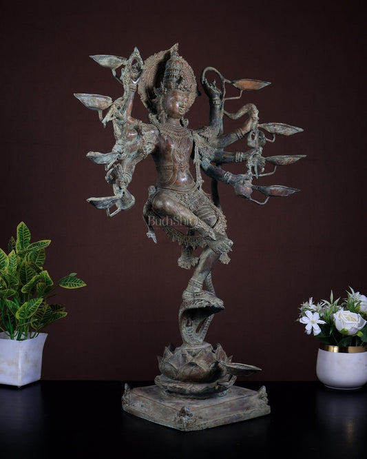 Bronze Dancing Krishna with Diyas in hands Sculpture – 26" Green patina - Budhshiv.com