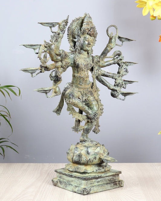 Bronze Dancing Krishna with Eight Arms & Diyas on Lotus Base – Balinese Lost Wax Masterpiece 19.5 inch - Budhshiv.com