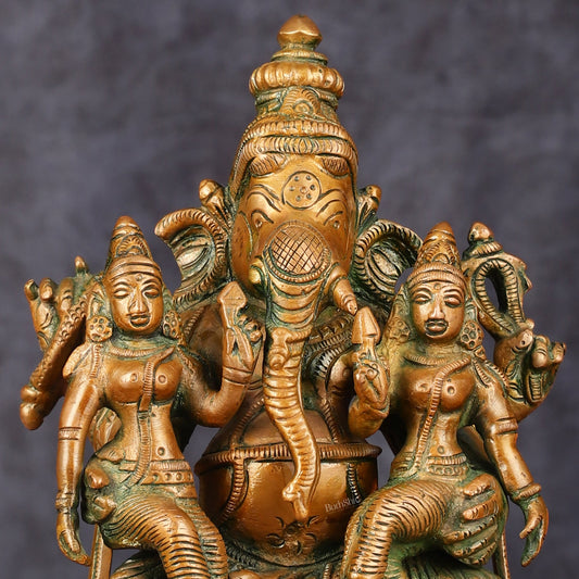 Bronze Finish Pure Brass Lord Ganesha Statue with Riddhi and Siddhi - 7 Inch - Budhshiv.com