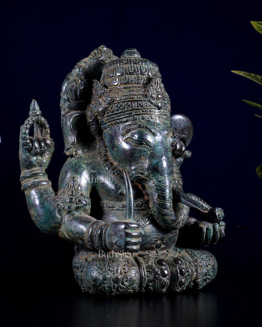 Bronze Ganesha Lost Wax Sculpture | 9" Indonesian Style with Mahakal Back - Budhshiv.com