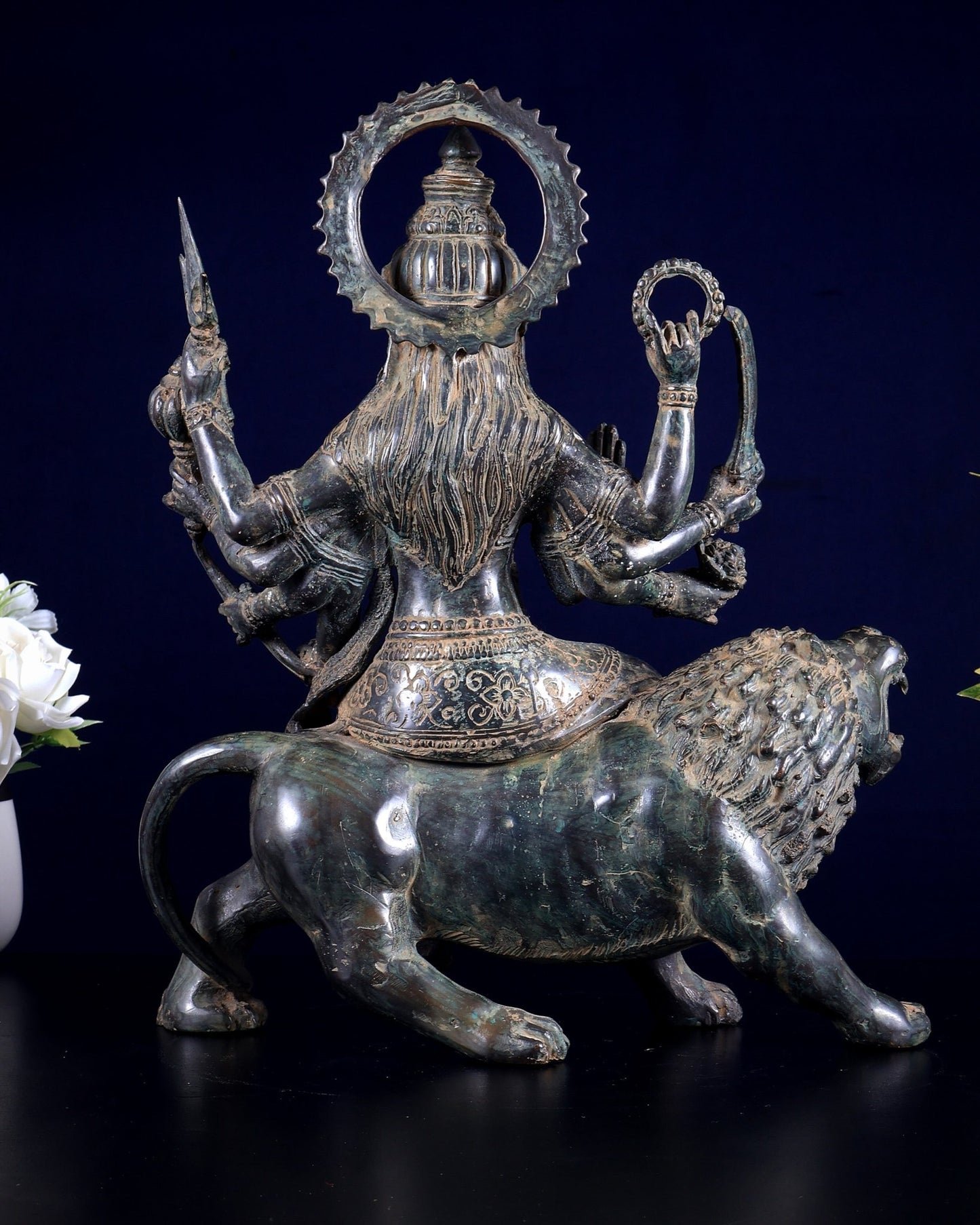 Bronze Goddess Durga on lion Sculpture 13.5" - Budhshiv.com