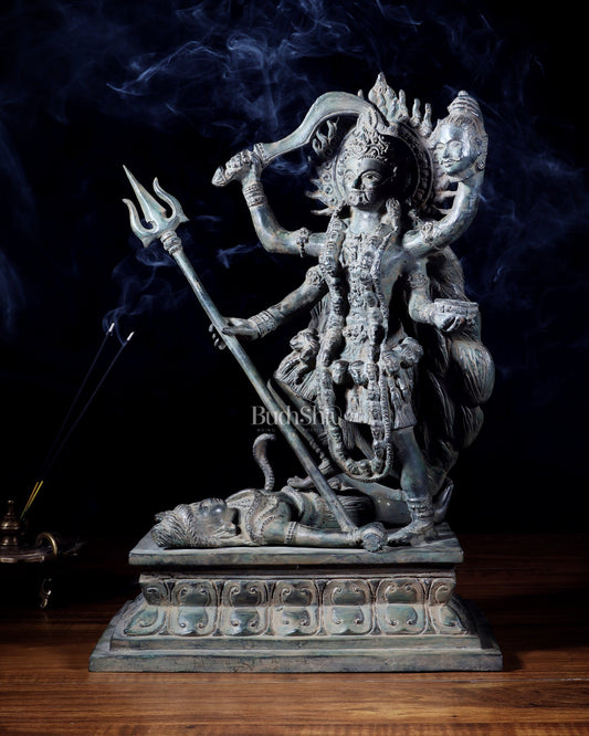 Bronze Kali Standing on Shiva | Indonesian Sculpture – 15.5" - Budhshiv.com