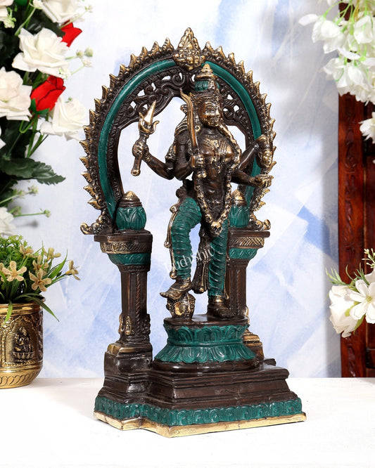 Bronze Kali Statue with 4 Arms & Temple Arch | Pure Bronze Goddess Kali Sculpture 14.5 inch green black tone - Budhshiv.com