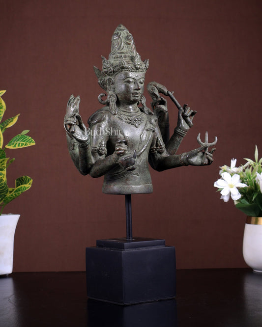 Bronze Lord Shiva Bust on Wooden Base – Museum Style Collectible 13.5 inch - Budhshiv.com
