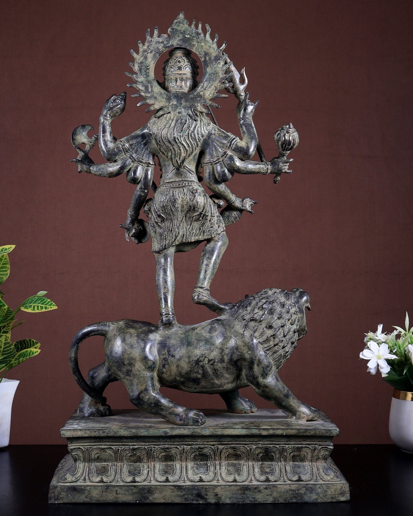 Bronze Mahakali Standing on Lion – Lost Wax Museum Grade Sculpture 21 inch - Budhshiv.com