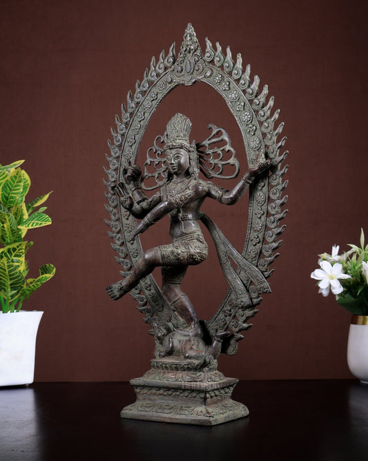 Bronze Nataraja Statue Vintage Patina | Lost Wax Dancing Shiva Idol 15.2 inch - Budhshiv.com