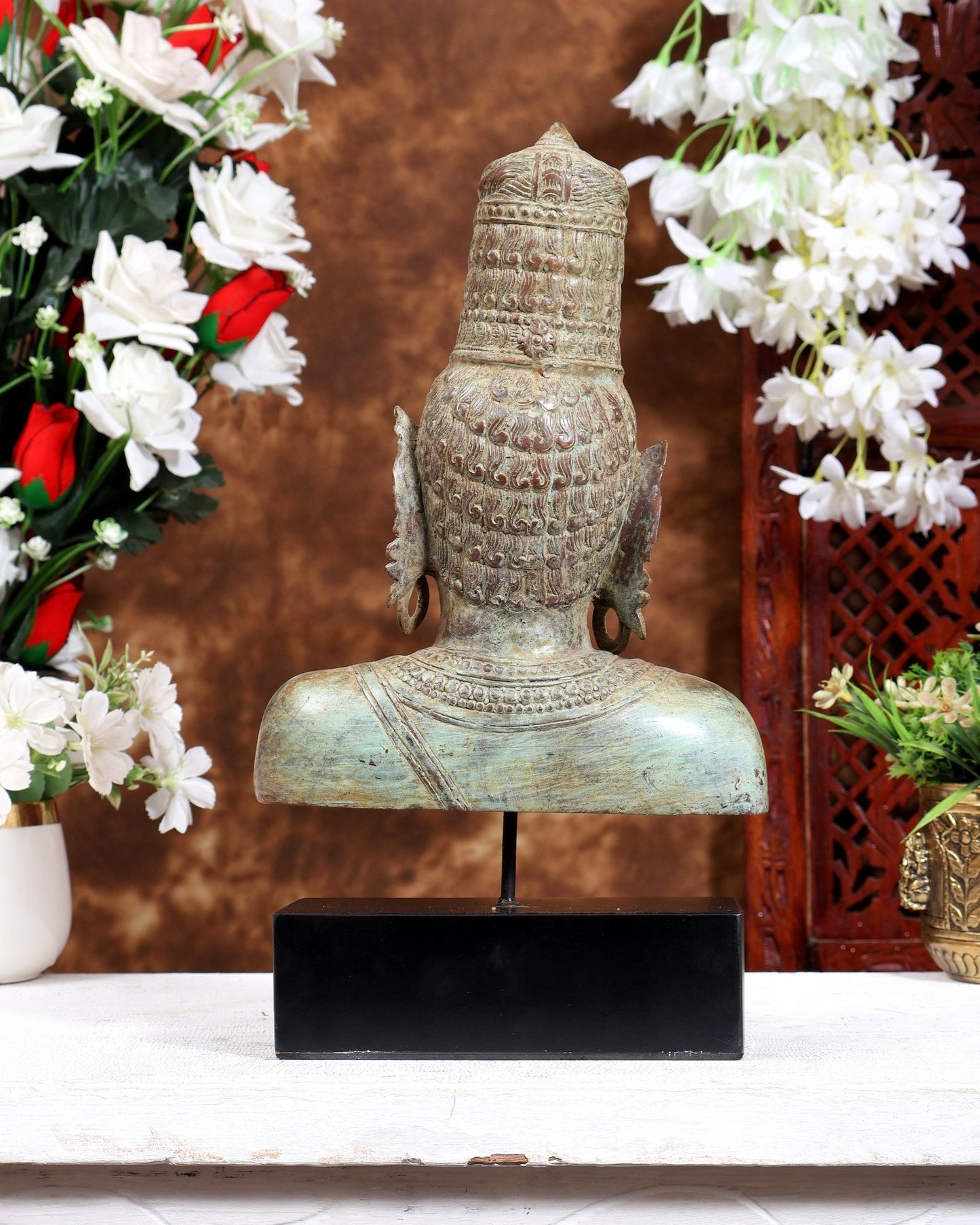 Bronze Parvati Face Bust Sculpture on Wooden Base | 14 inch - Budhshiv.com