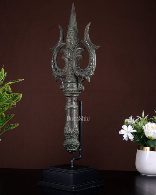 Bronze Trishul on Wooden & Metallic Stand – Indonesian Depiction - Budhshiv.com