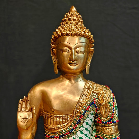 Buddha Brass Idol in Aashirwaad Abhaya Mudra - 17 Inch, Exquisite Stonework - Budhshiv.com