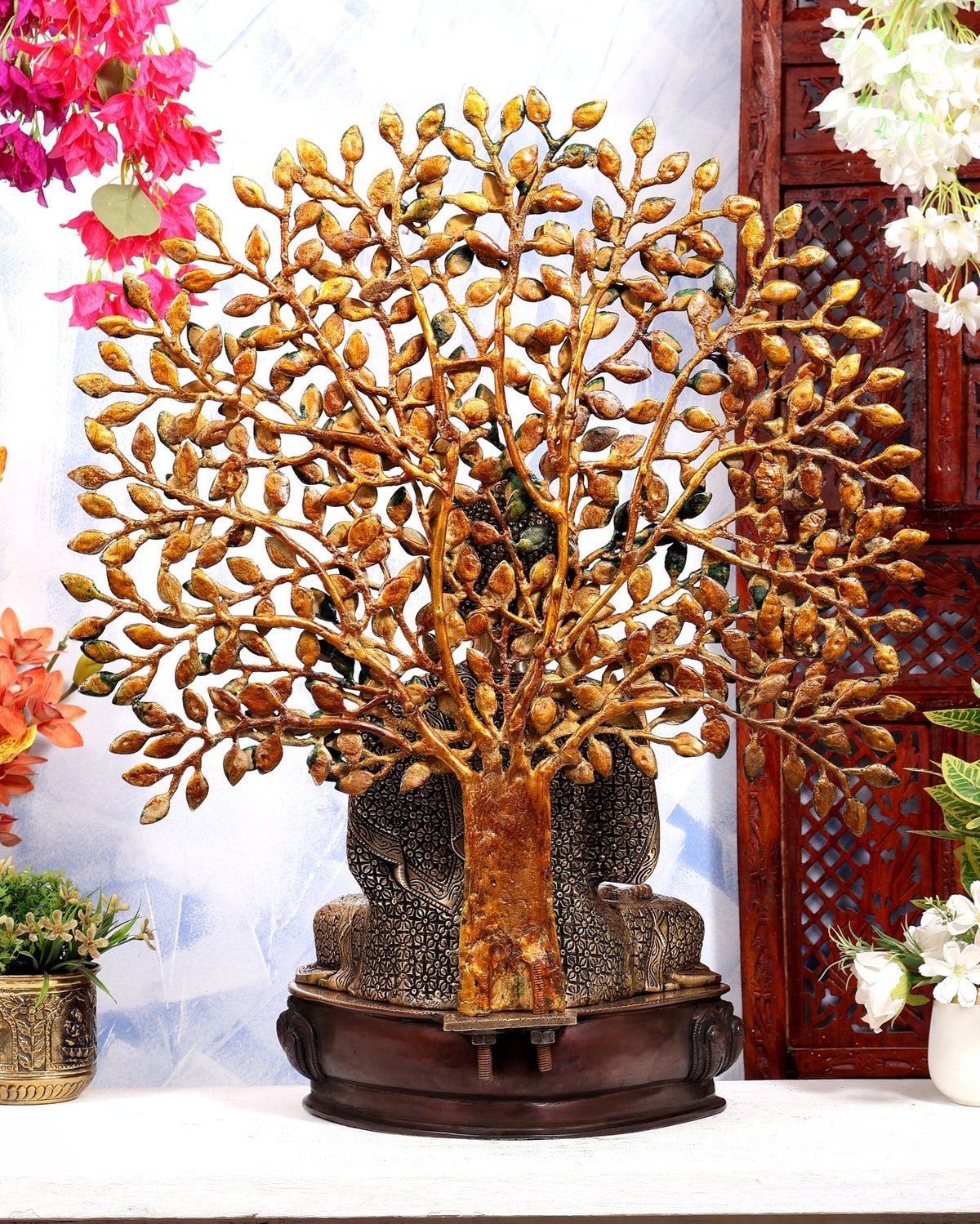Buddha Brass statue with tree 25 inch three tone finish - Budhshiv.com