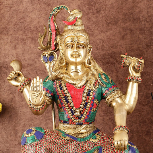 Charbhuja Shiva Brass Statue with Stonework - 18" - Budhshiv.com