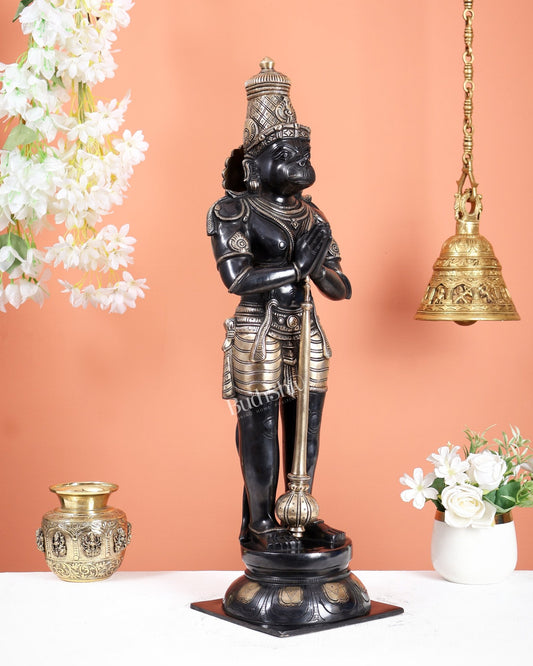 Chola Inspired Brass Standing Hanuman Statue – Anjali Mudra Divine Sculpture (24 Inches) black finish - Budhshiv.com