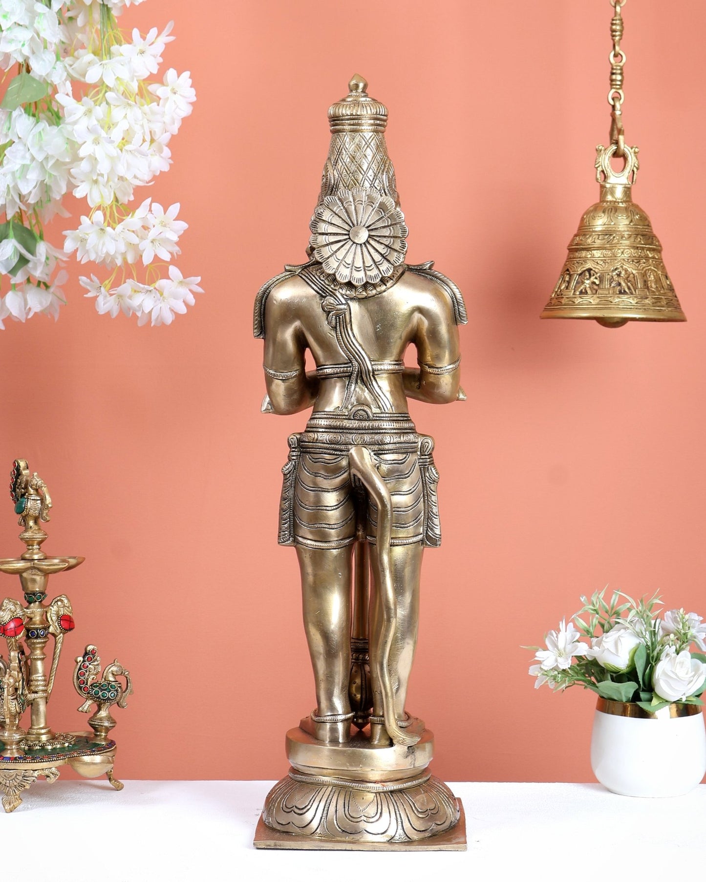 Chola Inspired Brass Standing Hanuman Statue – Anjali Mudra Divine Sculpture (24 Inches) matte gold tone - Budhshiv.com