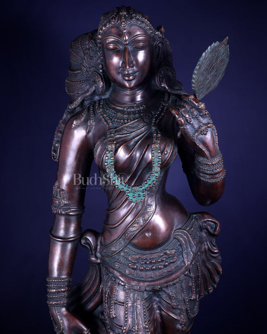 Chola Style Apsara Holding a Mirror – Large Vintage Finish Sculpture 50 inch - Budhshiv.com