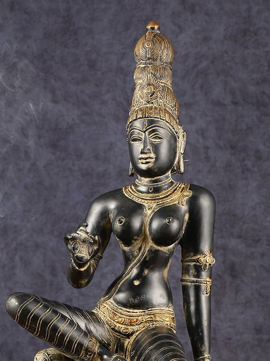 Chola Style Brass Seated Parvati Uma Devi Sculpture | Height: 20.5 inch - Budhshiv.com