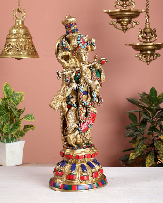 Colourful Brass Krishna Idol with Stonework - 15" - Budhshiv.com